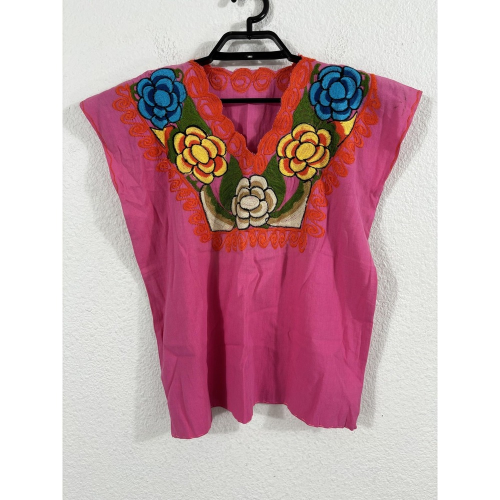 Mexican‎ Embroidered Shirt Womens Large Pink Floral Boho Festival Short Sleeve